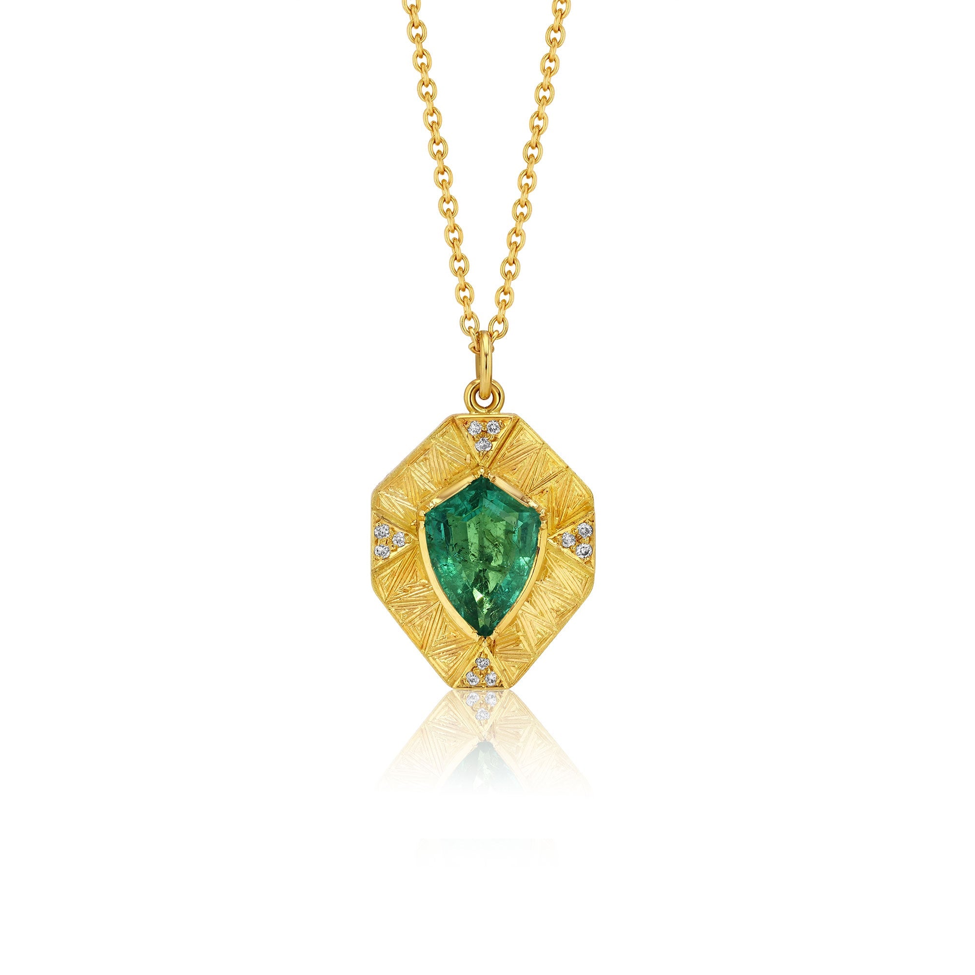 Talisman Shield Emerald Diamond Engraved Necklace