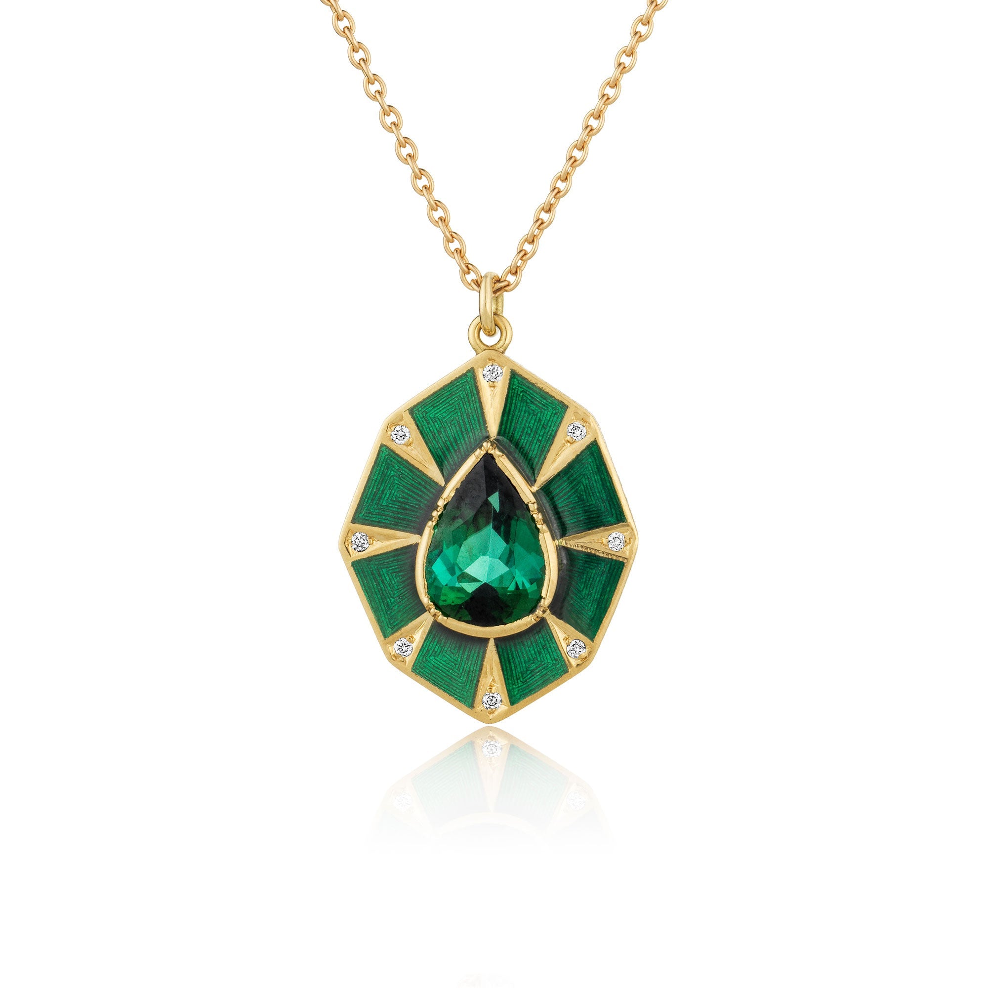 One of a kind 18k gold necklace with teardop green tourmaline, enamel and diamond pave from Los Angeles jewelry designer Brooke Gregson