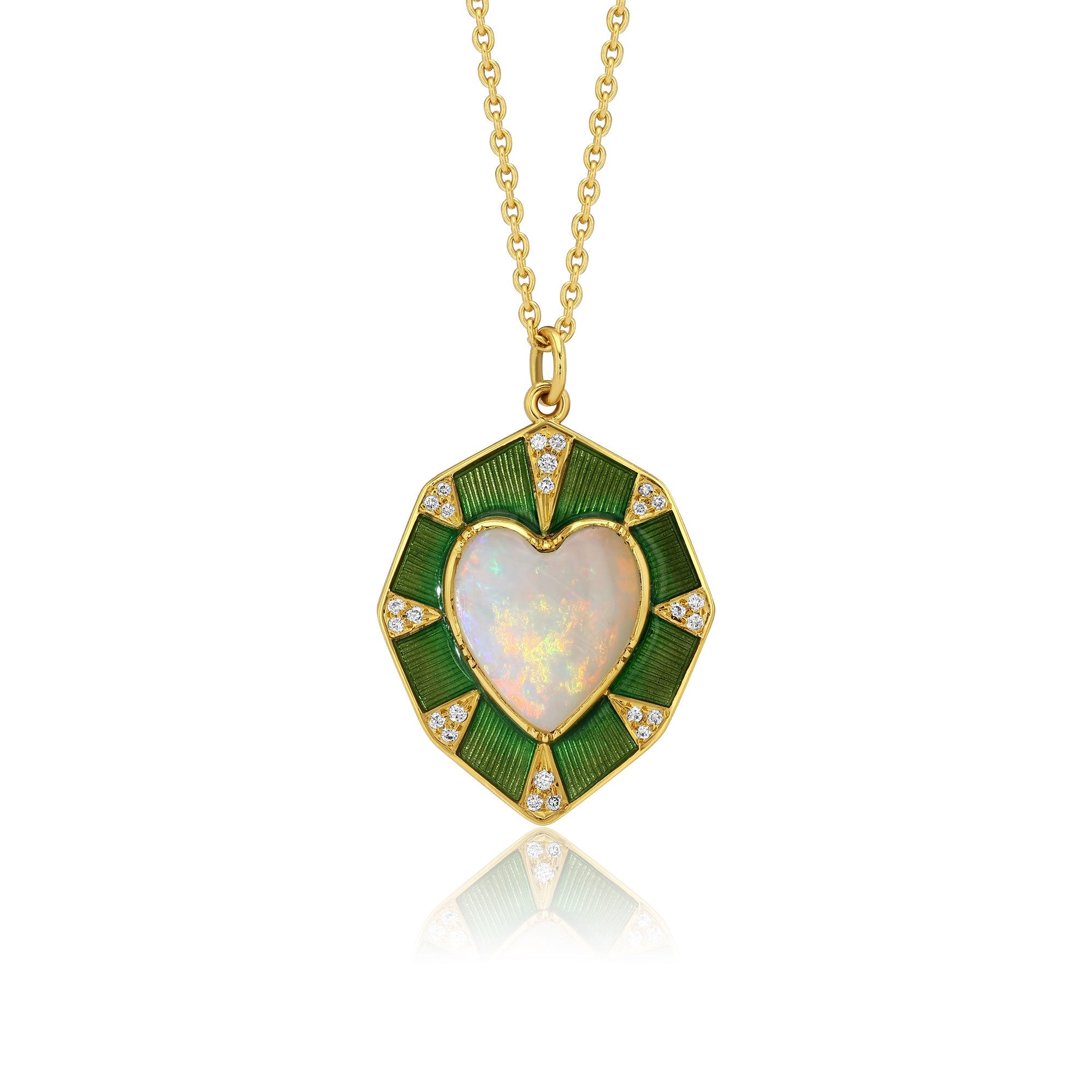 Gold necklace with a heart-shaped opal pendant on a white background