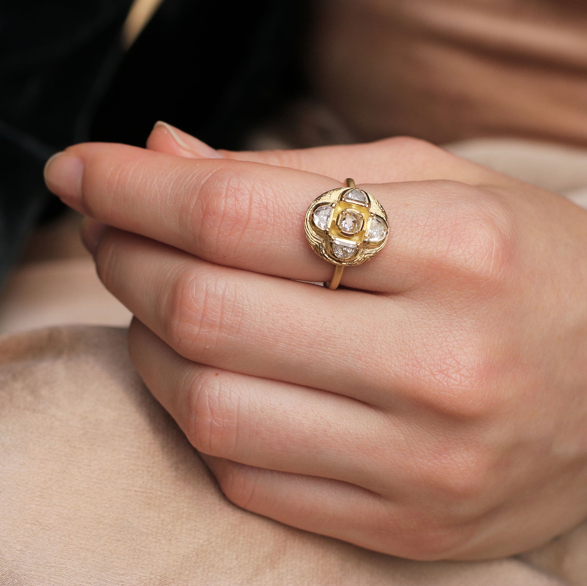 Model wearing One of a kind Diamond ring with 18k gold hand engraving from Los Angeles designer Brooke Gregson handmade in London