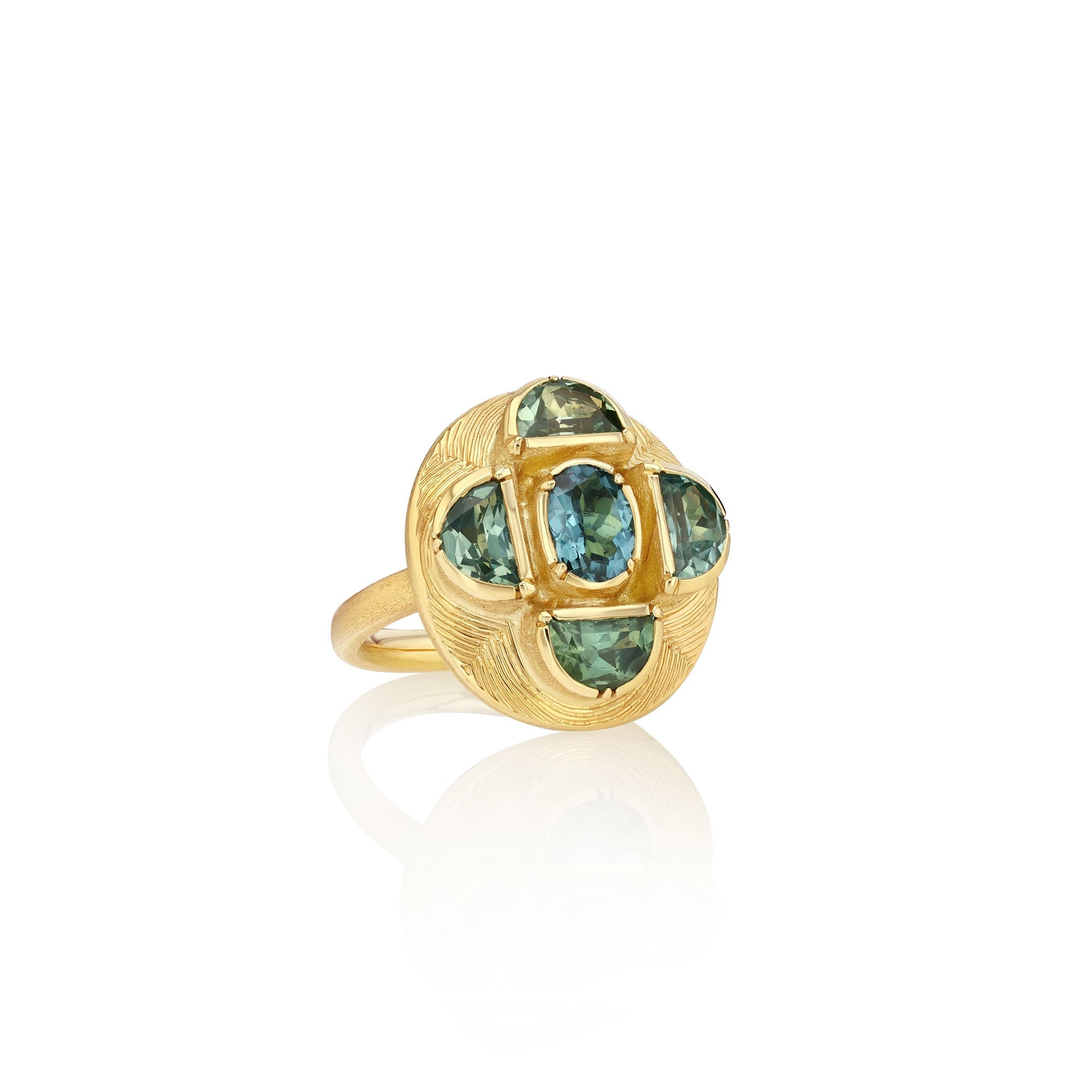 One of a kind Indicolite Tourmaline and Sapphire Ring with hand engraving from Los Angeles designer Brooke Gregson handmade in London