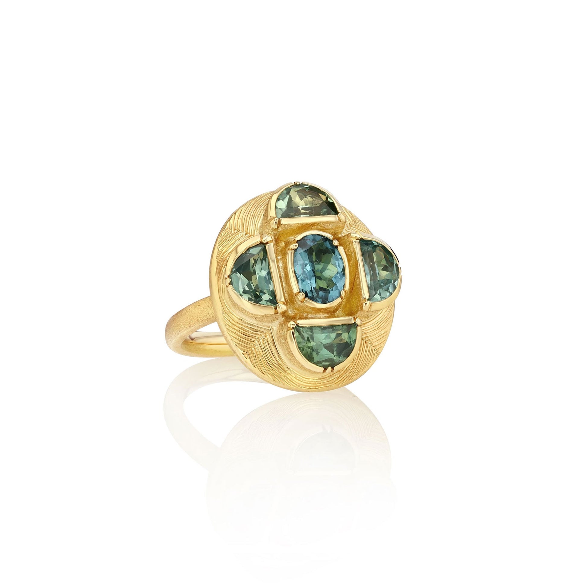 One of a kind Indicolite Tourmaline and Sapphire Ring with hand engraving from Los Angeles jewelry designer Brooke Gregson handmade in London