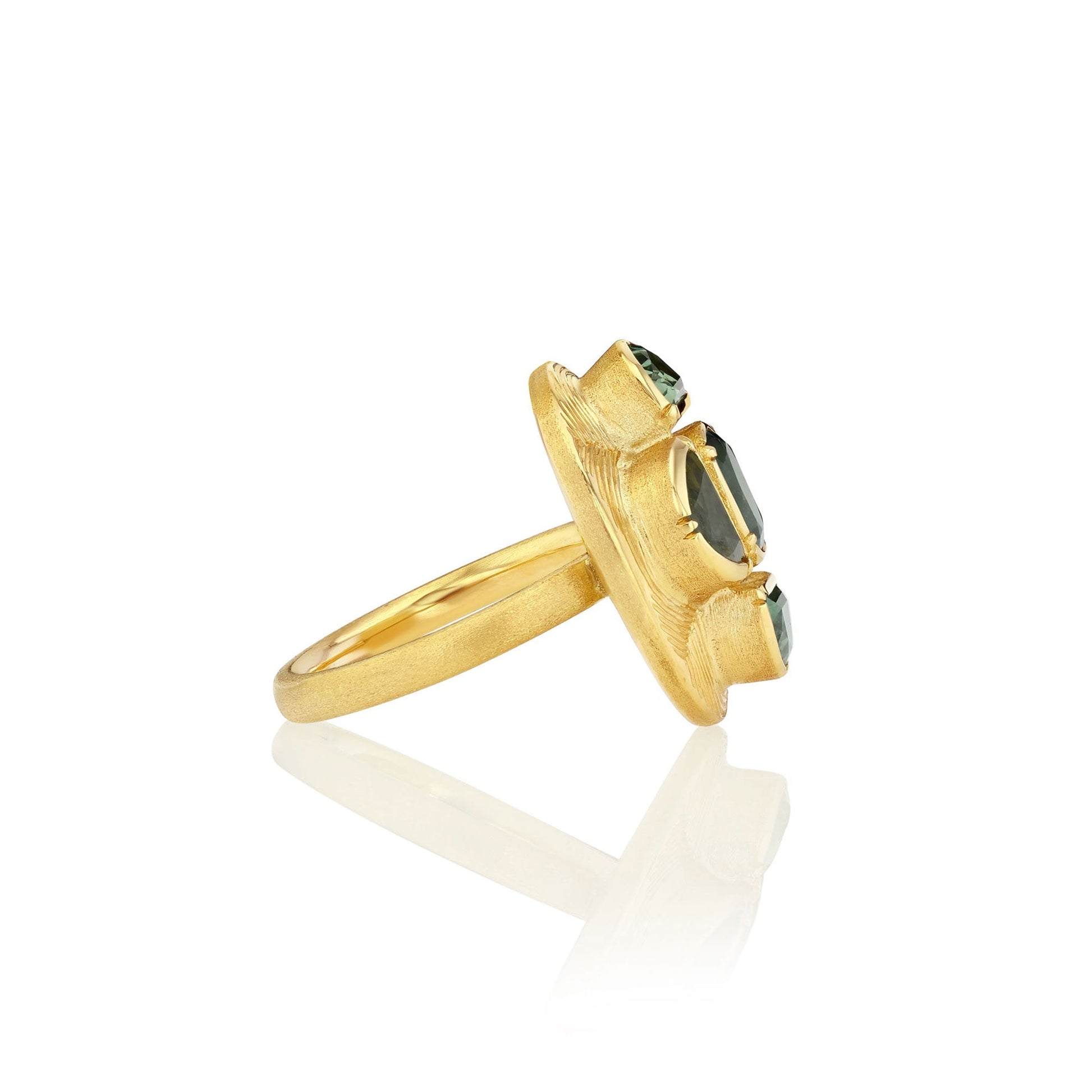 Side view one of a kind Indicolite Tourmaline and Sapphire Ring with hand engraving from Los Angeles jewelry designer Brooke Gregson handmade in London