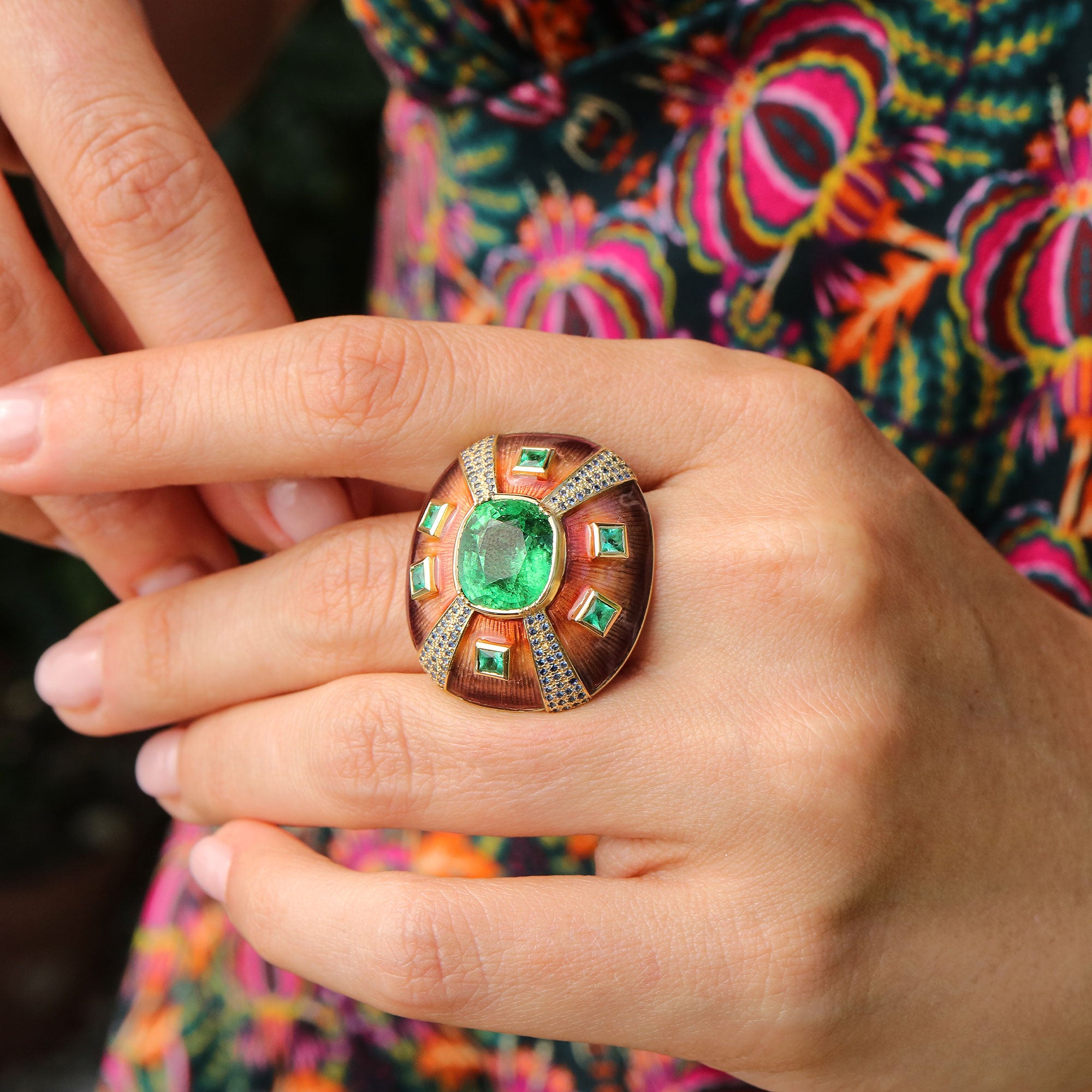 Tsavorite Emerald Sapphire Enamel Ring | Luxury Fine Jewellery