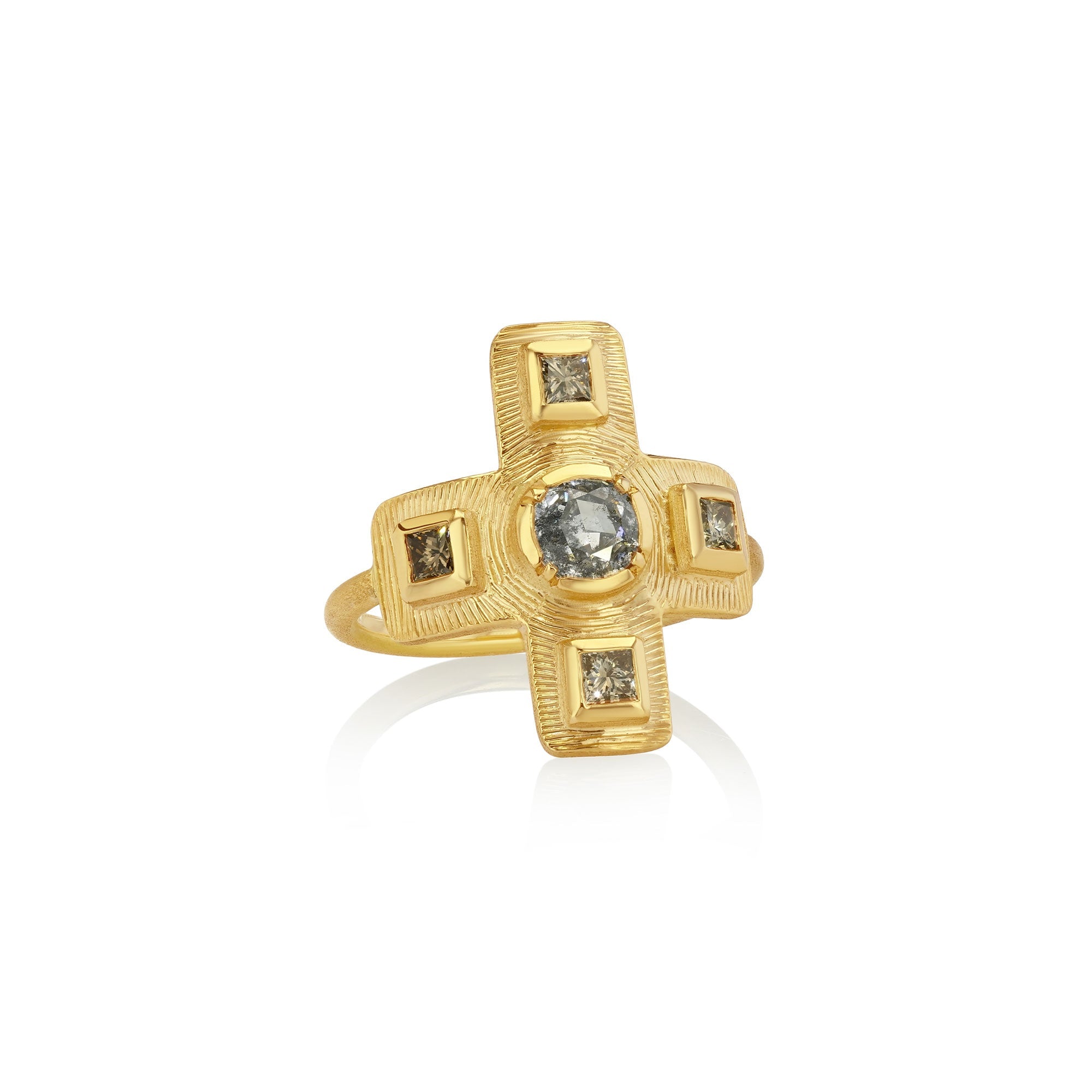 Gold cross ring with raw diamond accents on a white background
