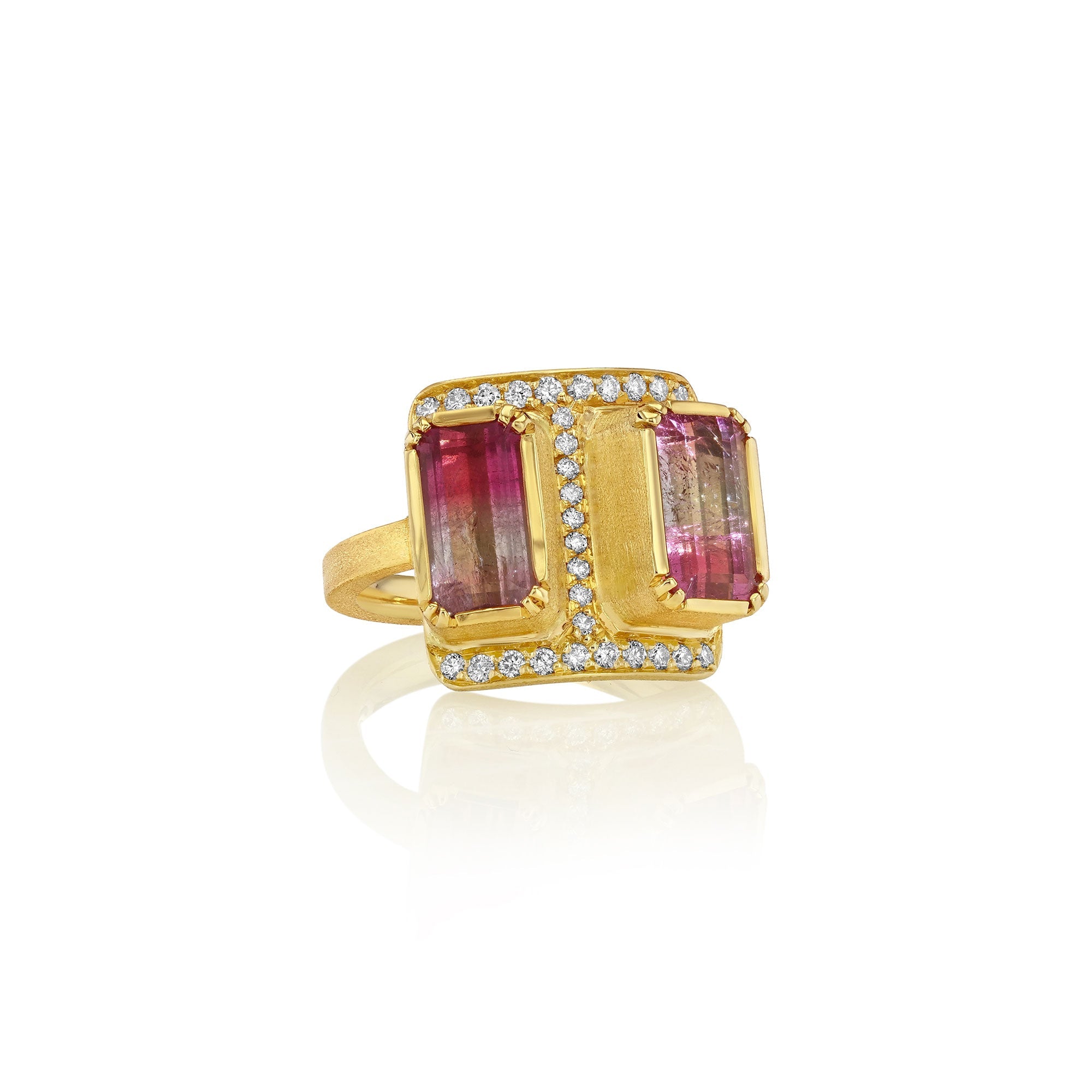 Front view of 18k gold ring with bi colour tourmaline gemstones and pave diamonds on a white background