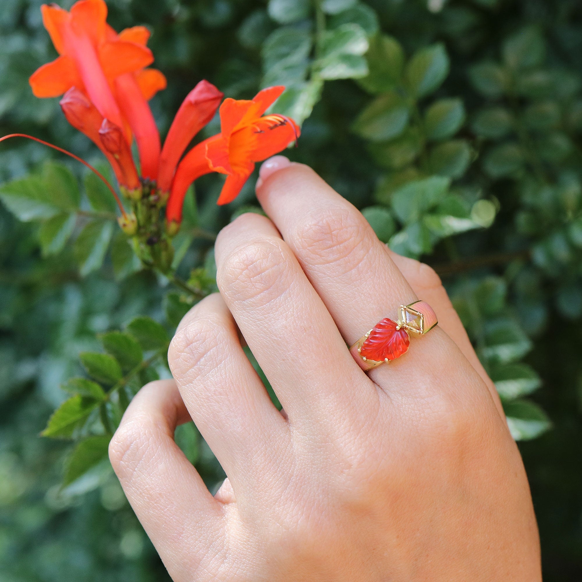 Hand wearing a red fire opal and gold ring with a floral design, holding a red flower against a green leafy background.