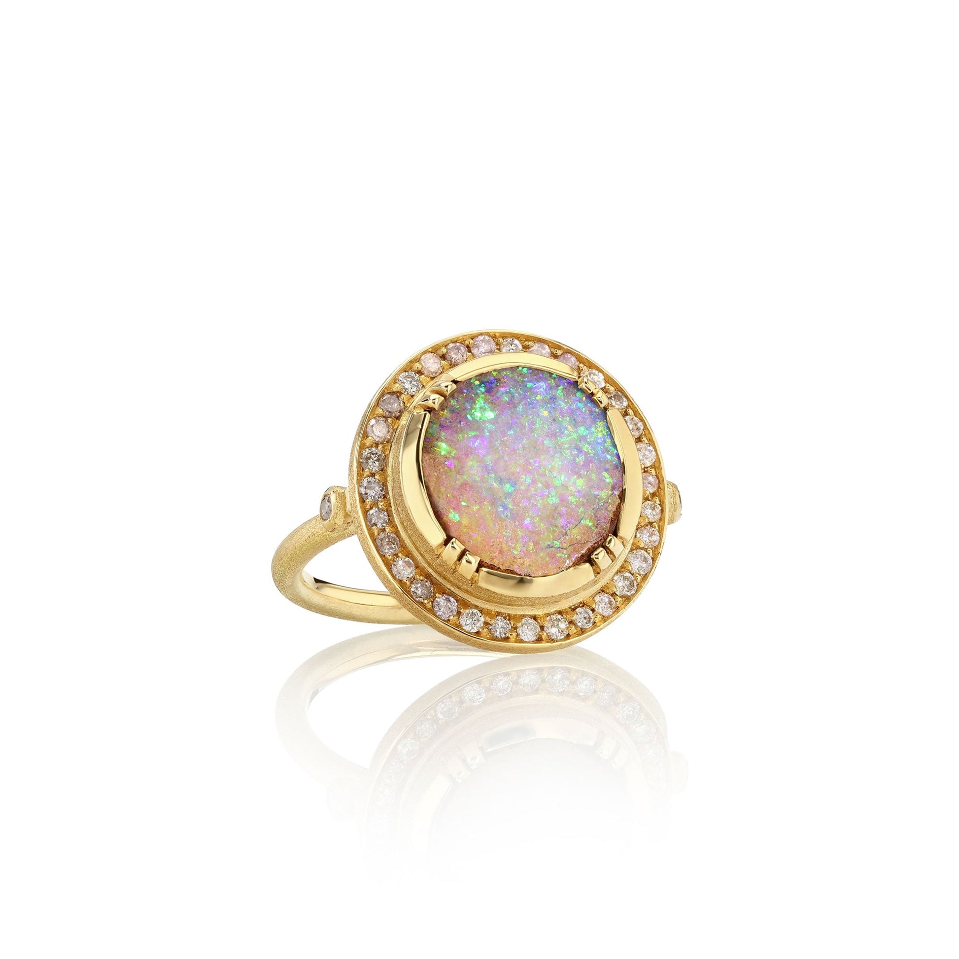 One of a kind Boulder Opal ring with Pink diamond pave surround, fine jewelry handmade in London from Los Angeles designer Brooke Gregson.