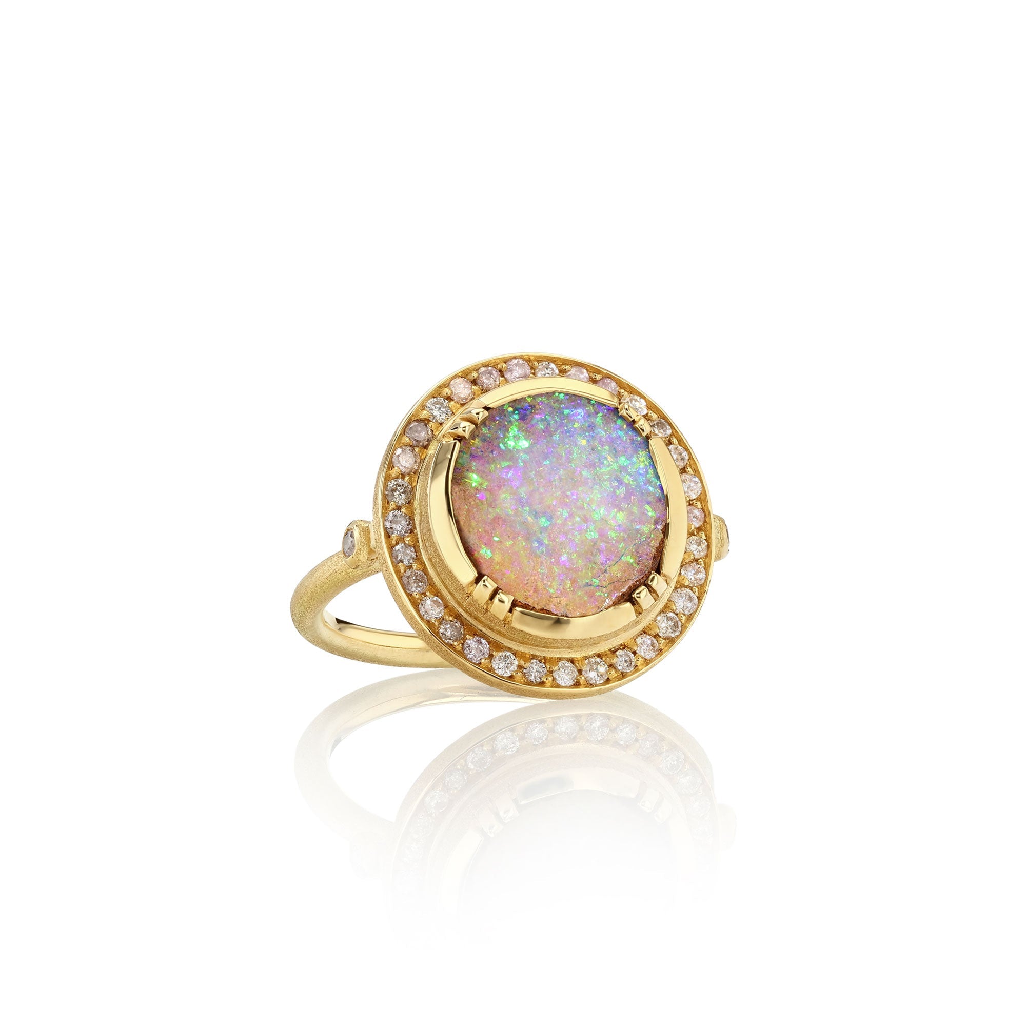 One of a kind Boulder Opal ring with Pink diamond pave surround, fine jewelry handmade in London from Los Angeles designer Brooke Gregson.