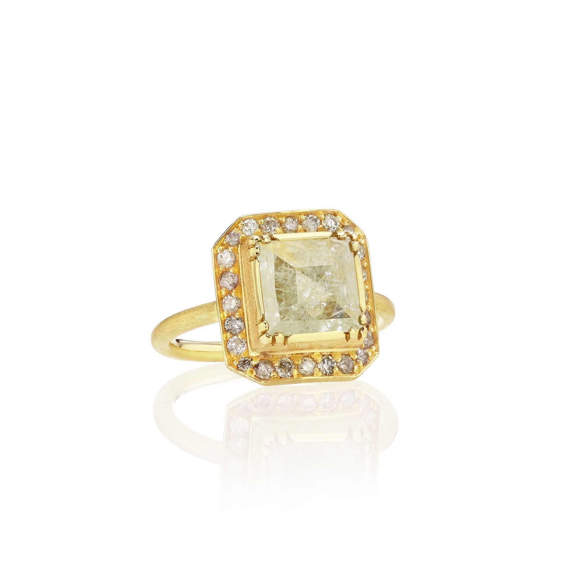 One of a kind raw Diamond ring with pink Diamond pave surround from fine jewelry designer Brooke Gregson handmade in London