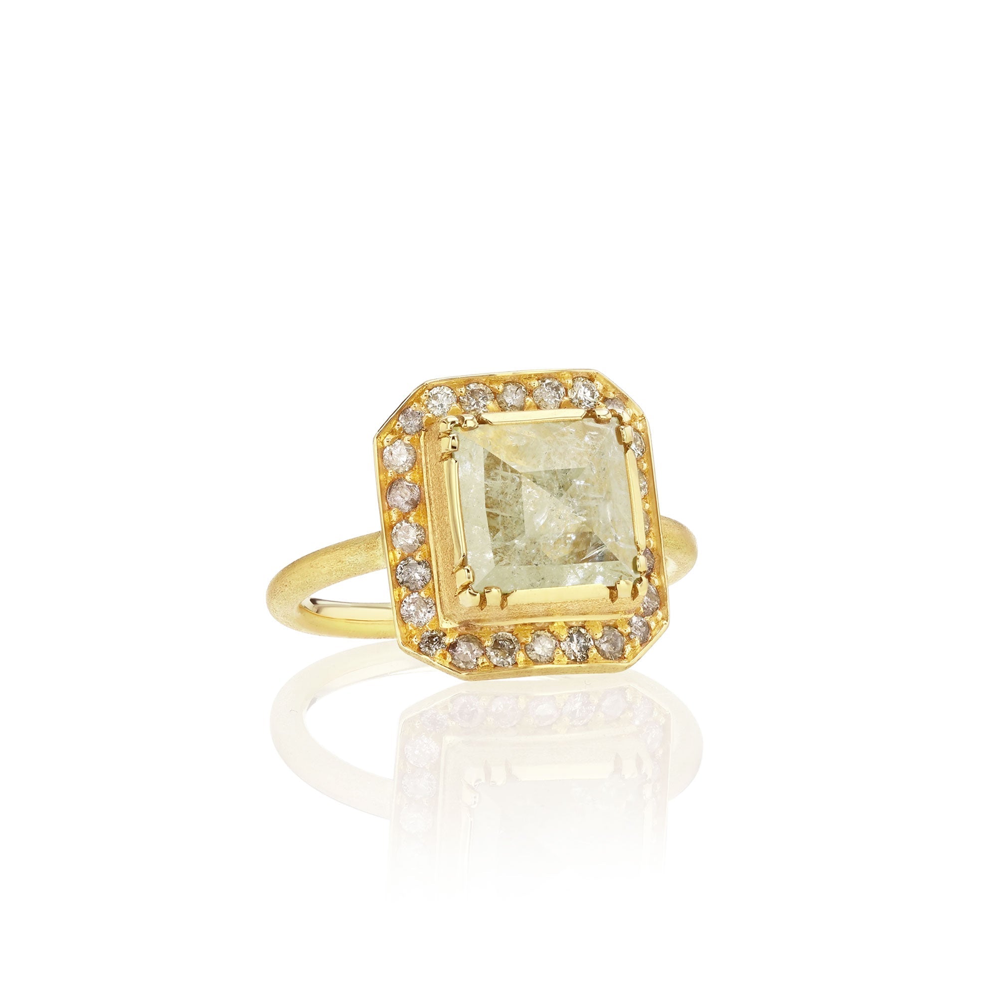 One of a kind raw Diamond ring with pink Diamond pave surround from fine jewelry designer Brooke Gregson handmade in London