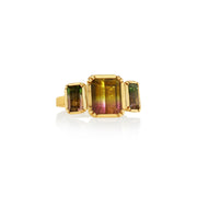18k gold ring with three bi colour tourmaline gemstones on a white background by  london and los angeles based jewellery designer Brooke Gregson