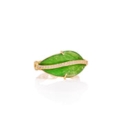 Gold ring with green jade leaf-shaped stone and white diamond details on a white background