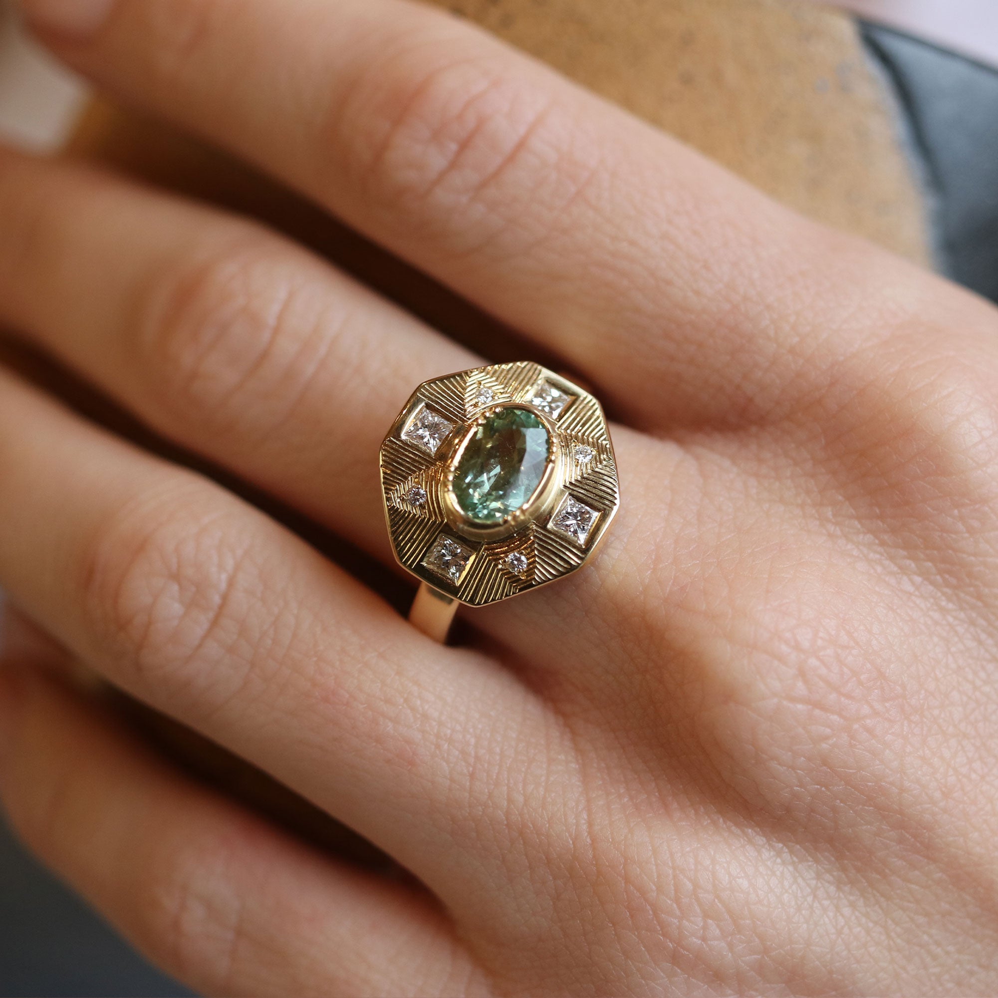 Mondrian Engraved Tourmaline Diamond Ring