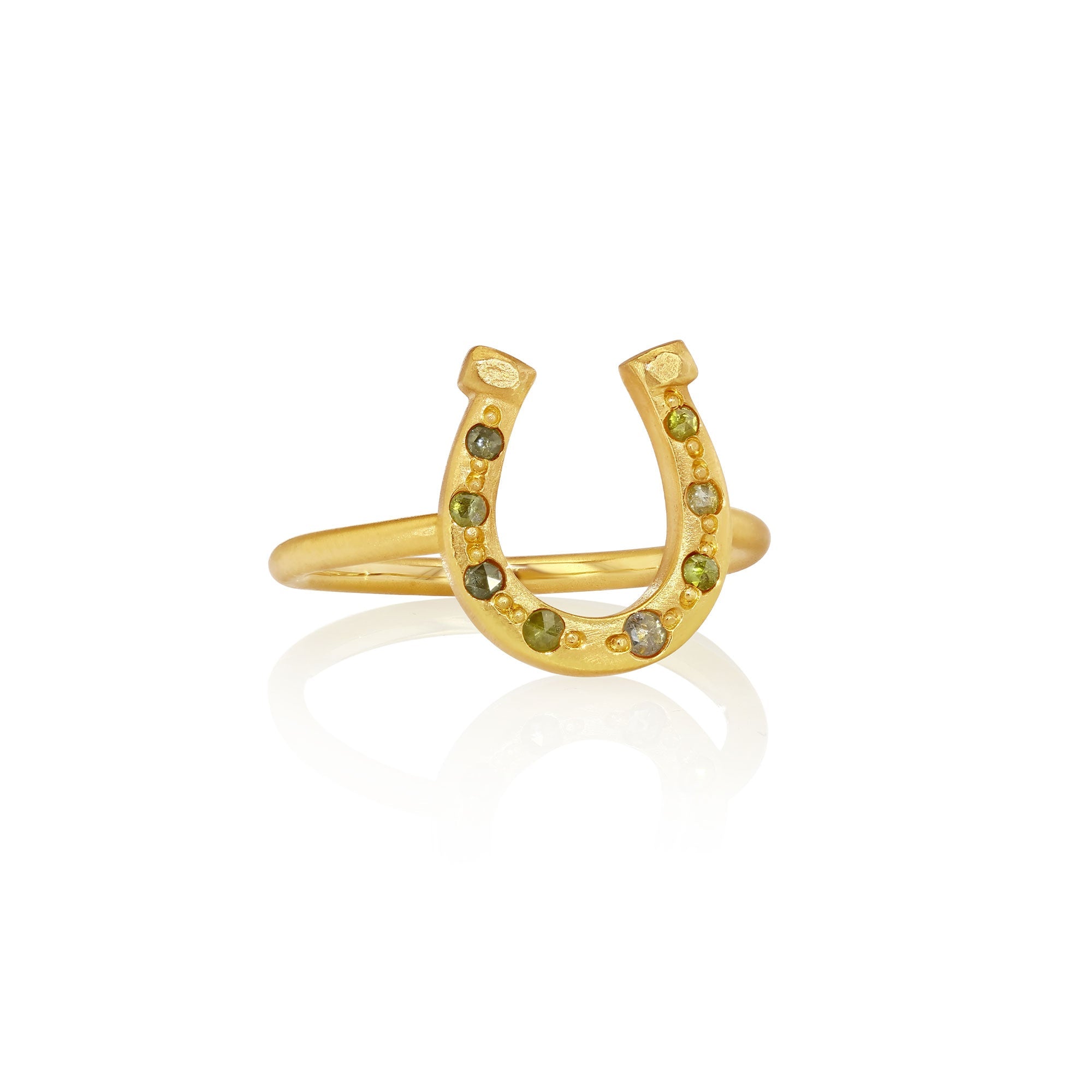 Gold horseshoe-shaped ring with embedded mixed rosecut diamond stones on a white background