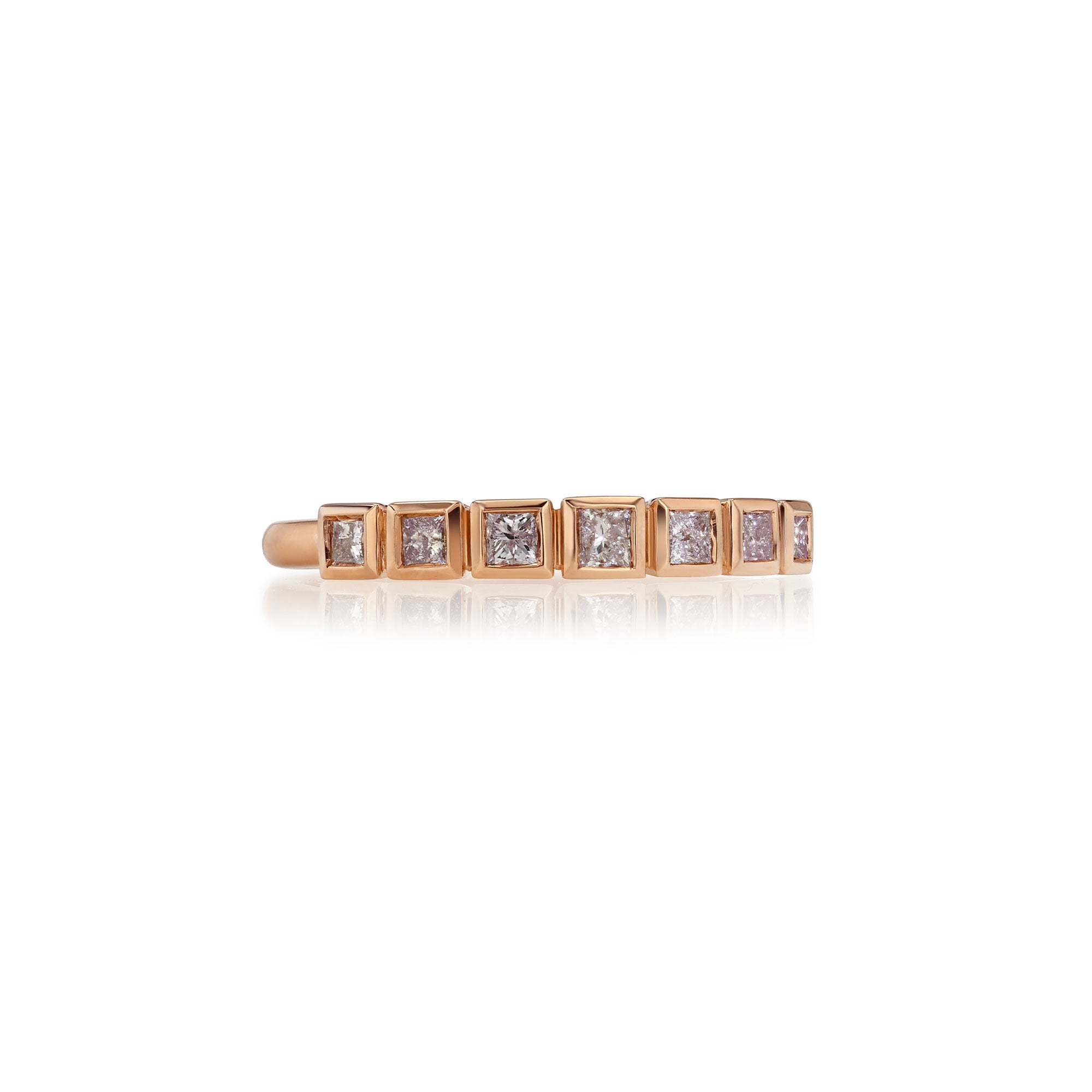 14k rose gold ring with pink princess cut diamonds photographed on a white background designed by brooke gregson