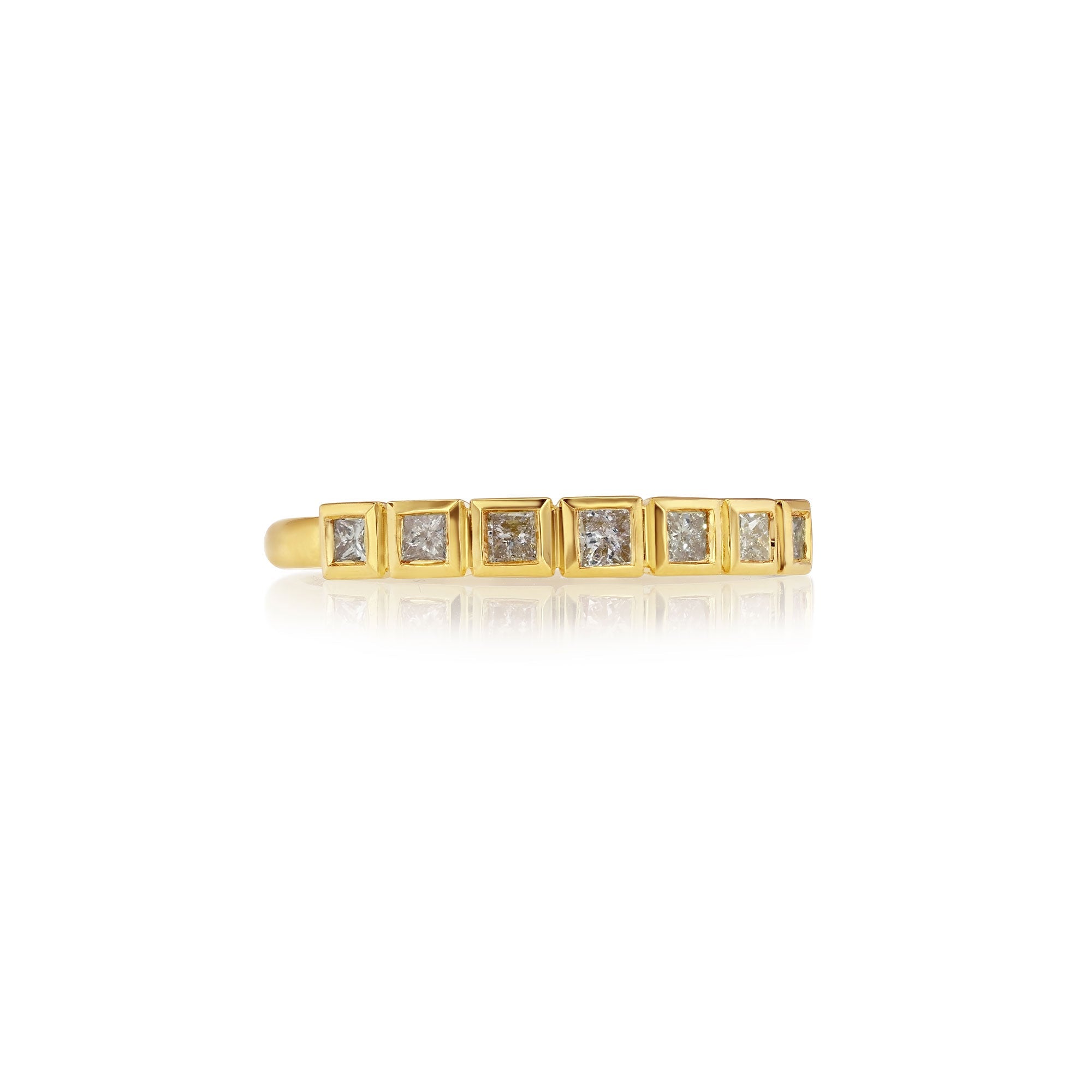 18k gold ring with pink princess cut diamonds on a white background.