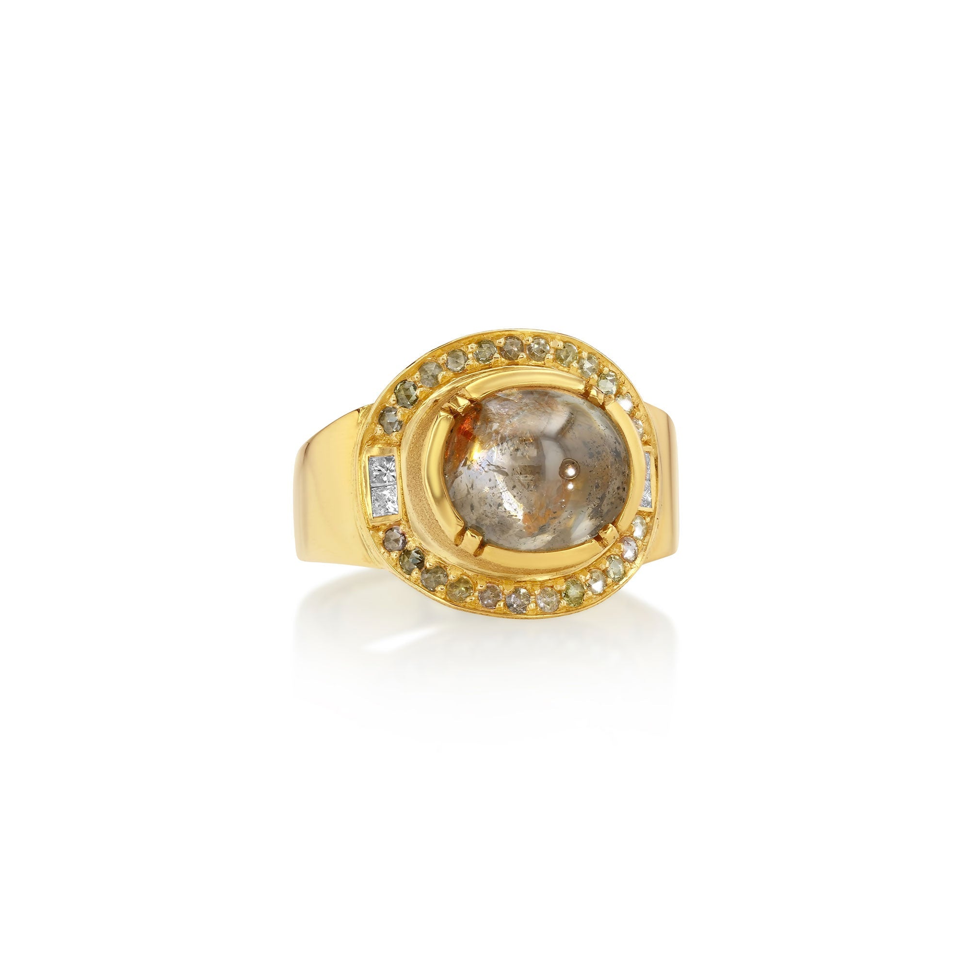 18k gold ring with a large central raw diamond cabochon stone and smaller pink diamond stones around on a white background.