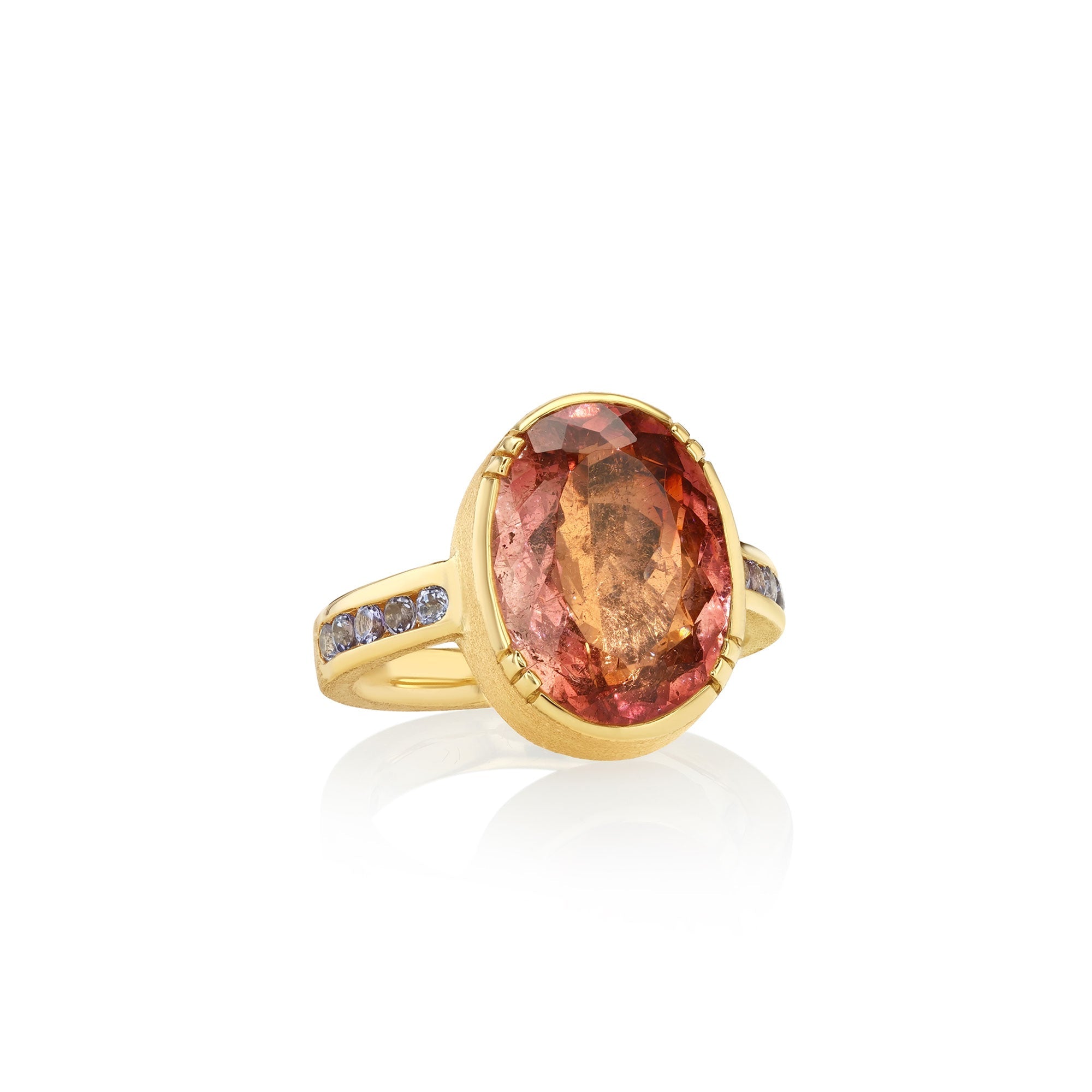 One of a kind Orange Pink Tourmaline Ring with Tanzanite pave band from fine jewelry designer Brooke Gregson handmade in London