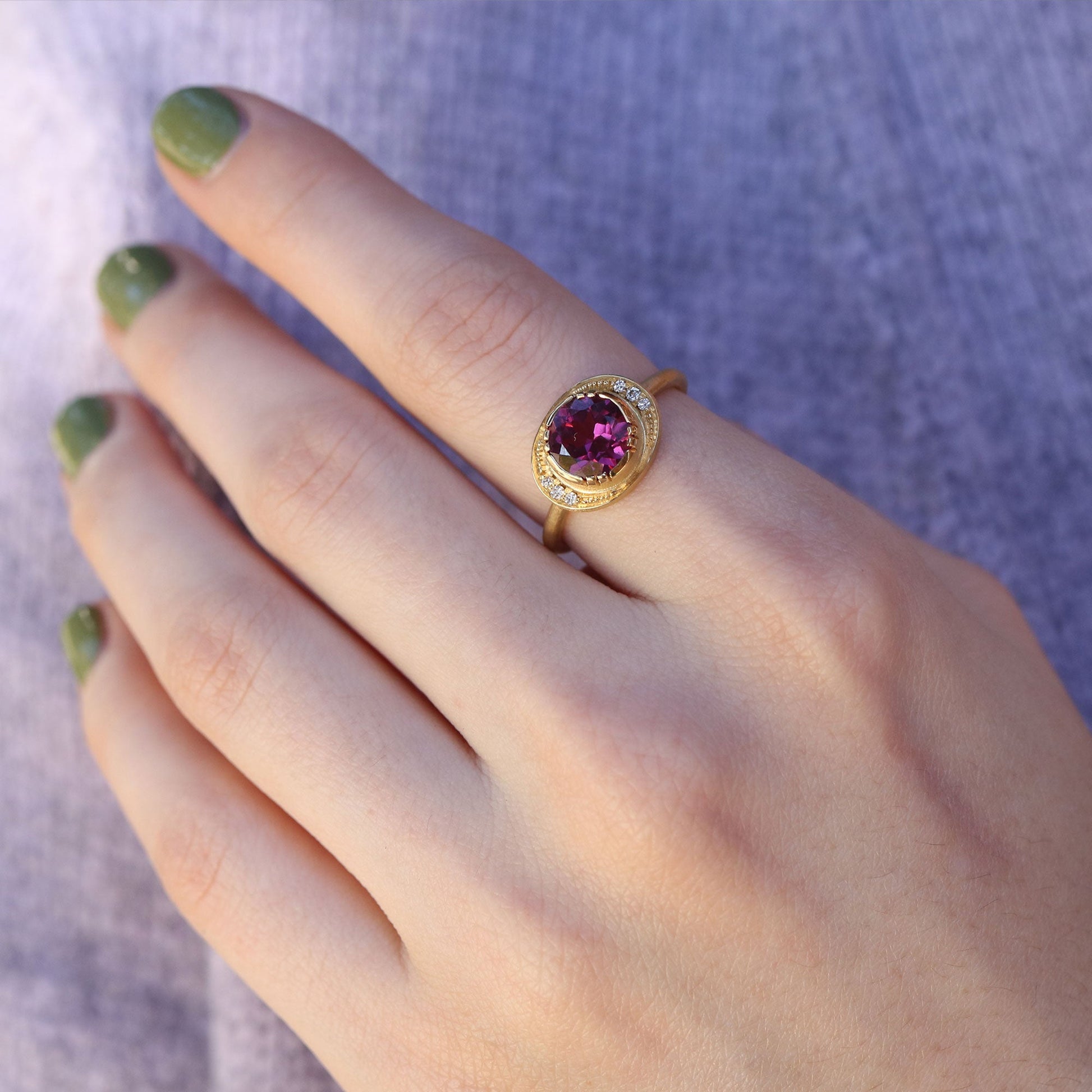 One-of-a-kind 18k gold Rhodolite garnet halo ring with white diamond accents, Brooke Gregson