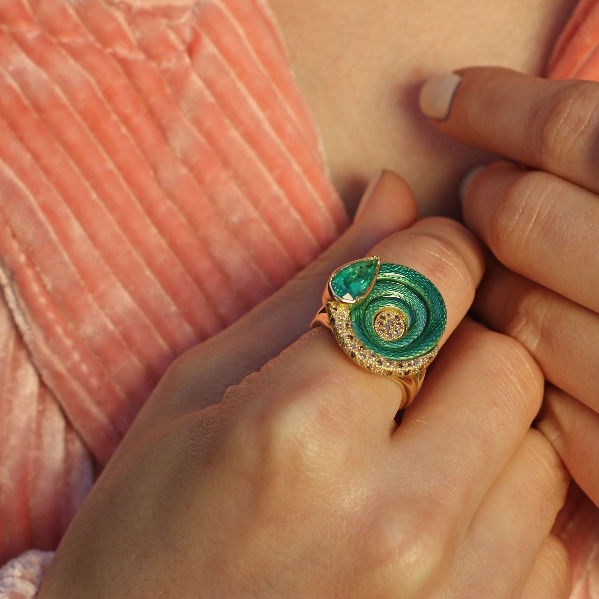 Model wearing One of a kind Enamel Emerald Snake Ring from Los Angeles designer  Brooke Gregson handmade in London