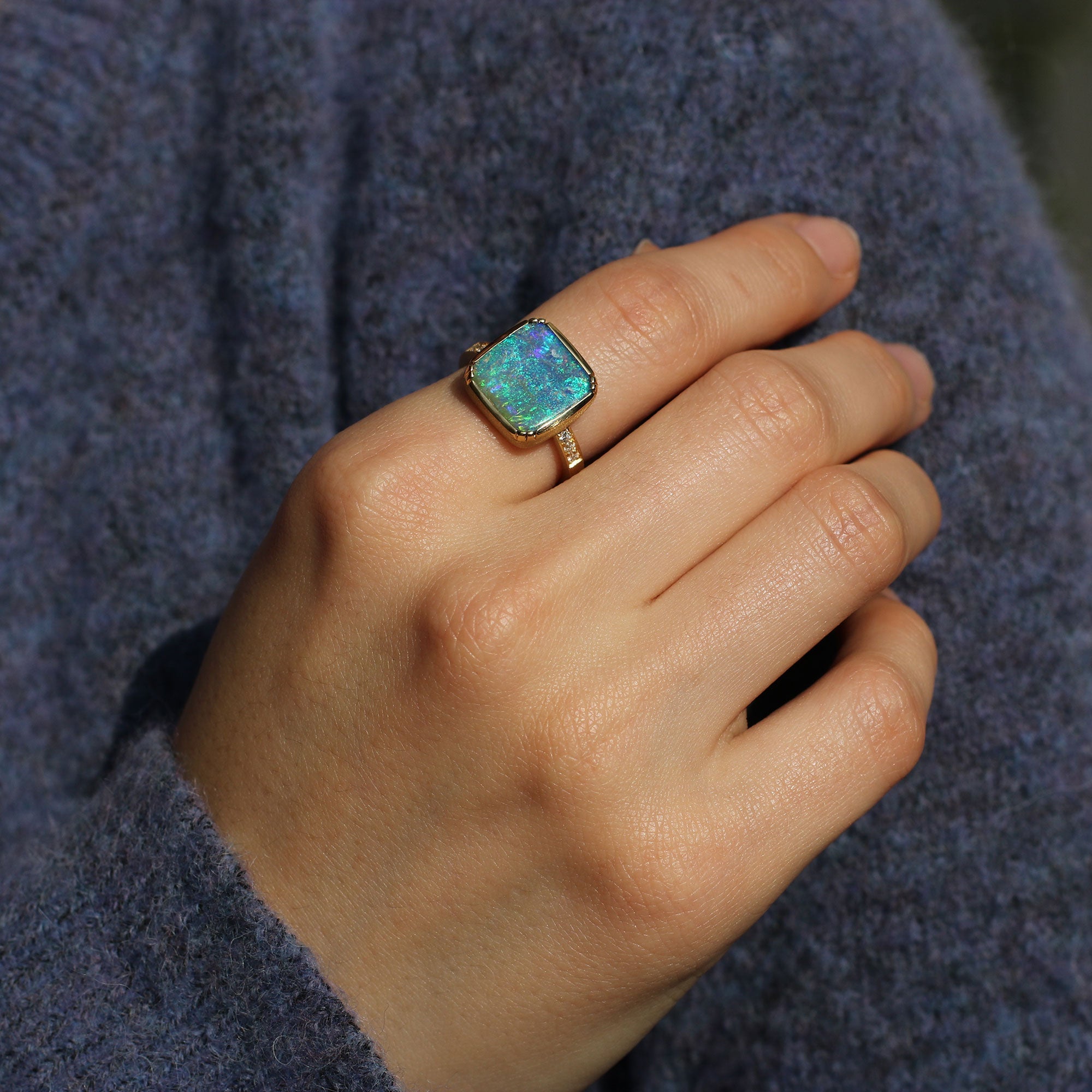 Square Opal Diamond Band Ring