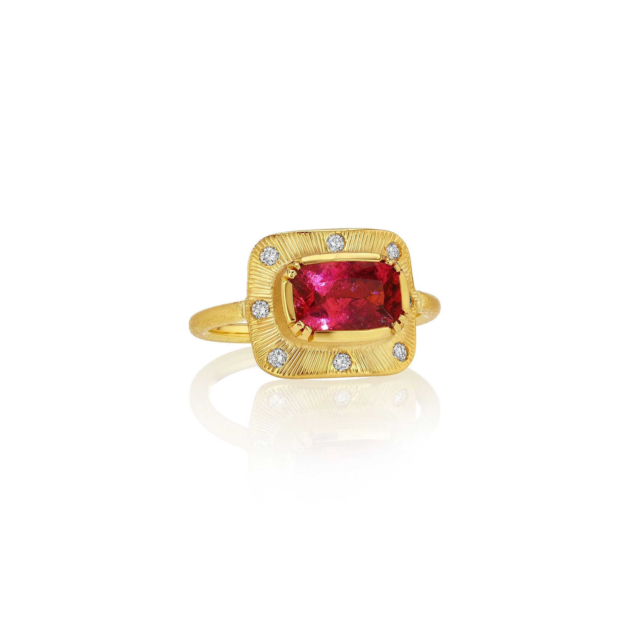 18k gold hand engraved ring with a tourmaline center stone and white diamond accents by Brooke Gregson Jewellery.