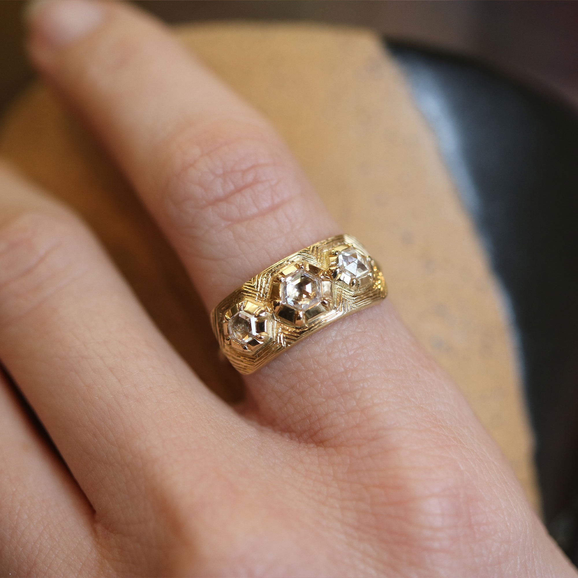 Triple Geo Engraved Diamond Ring